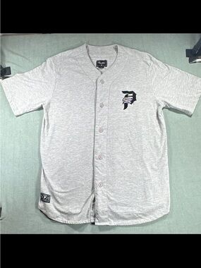 Primitive Men's Light Gray Button Baseball Jersey with Logo size Large